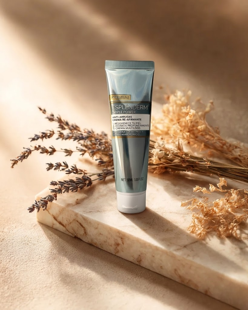 Tubo gris metalizado de crema facial antiarrugas de 30 ml sobre placa de mármol, decorado con lavanda seca y flores silvestres bajo luz cálida.