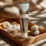 Tubo plateado de crema facial reafirmante Esplénderm Triple Power sobre bandeja de madera con sal marina y piedras bajo luz natural cálida.