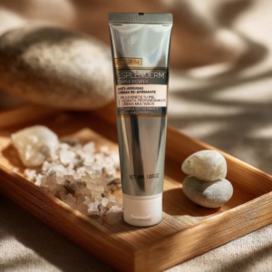 Tubo plateado de crema facial reafirmante Esplénderm Triple Power sobre bandeja de madera con sal marina y piedras bajo luz natural cálida.