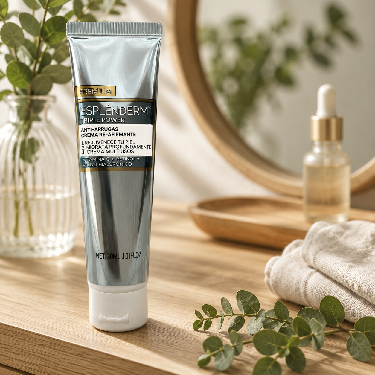 Tubo plateado de crema antiarrugas sobre superficie de madera, junto a jarrón con hojas de eucalipto, gotero y toalla beige.