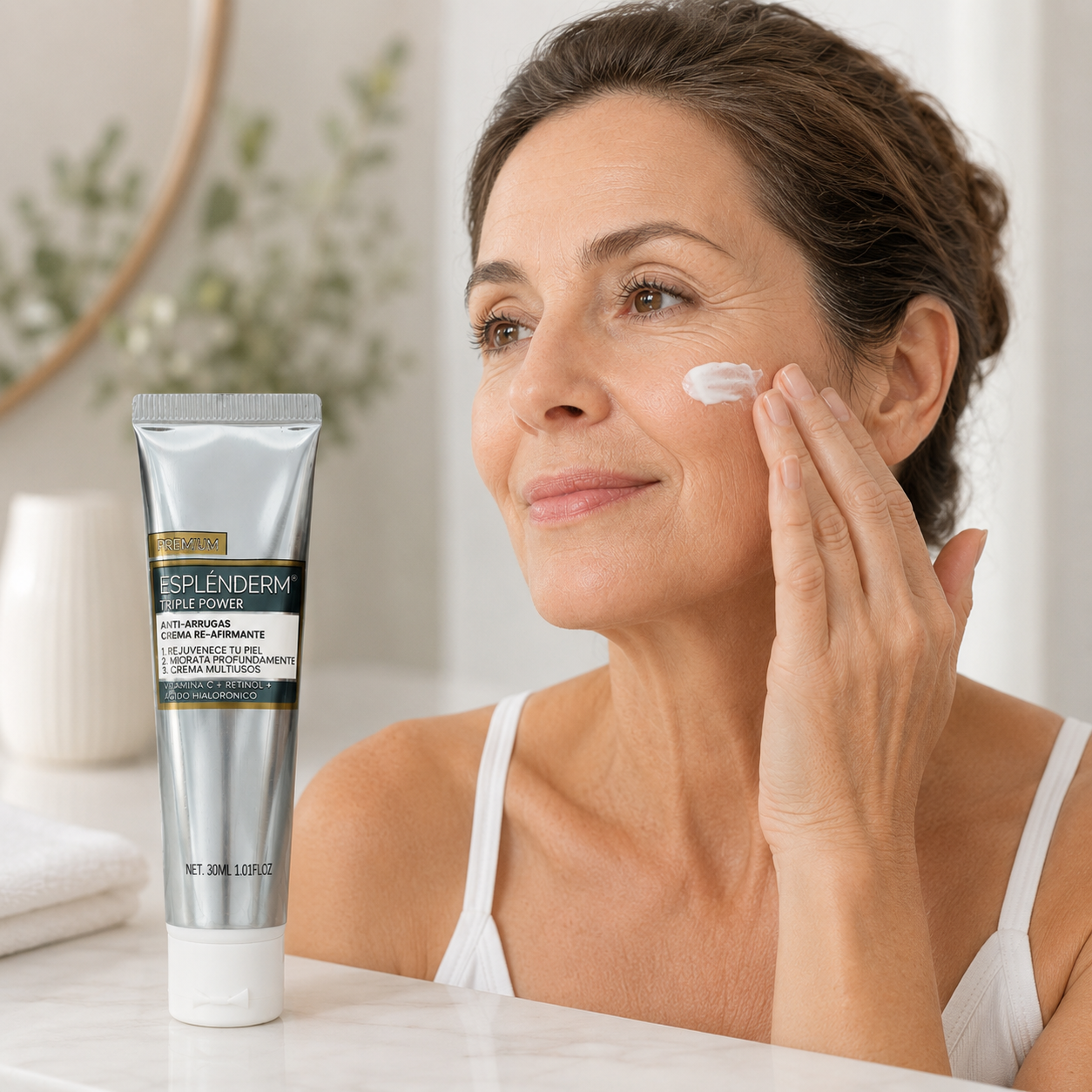 Mujer madura aplicando crema facial reafirmante en pomo plateado de 30 ml sobre su mejilla.