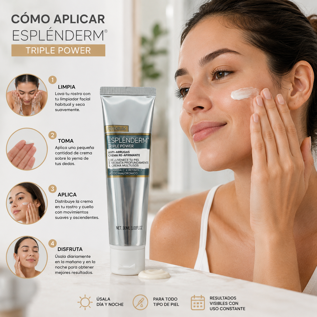 Mujer aplicando crema facial antiarrugas en su mejilla, junto a tubo de 30 mililitros y pasos de uso.