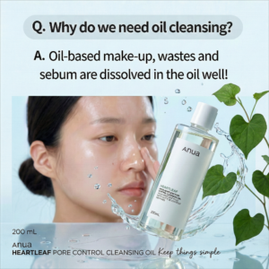 Limpiador facial Anua Heartleaf Pore Control de 200 ml, frasco transparente con aceite, junto a una mujer aplicándolo y hojas de planta sobre fondo azul.