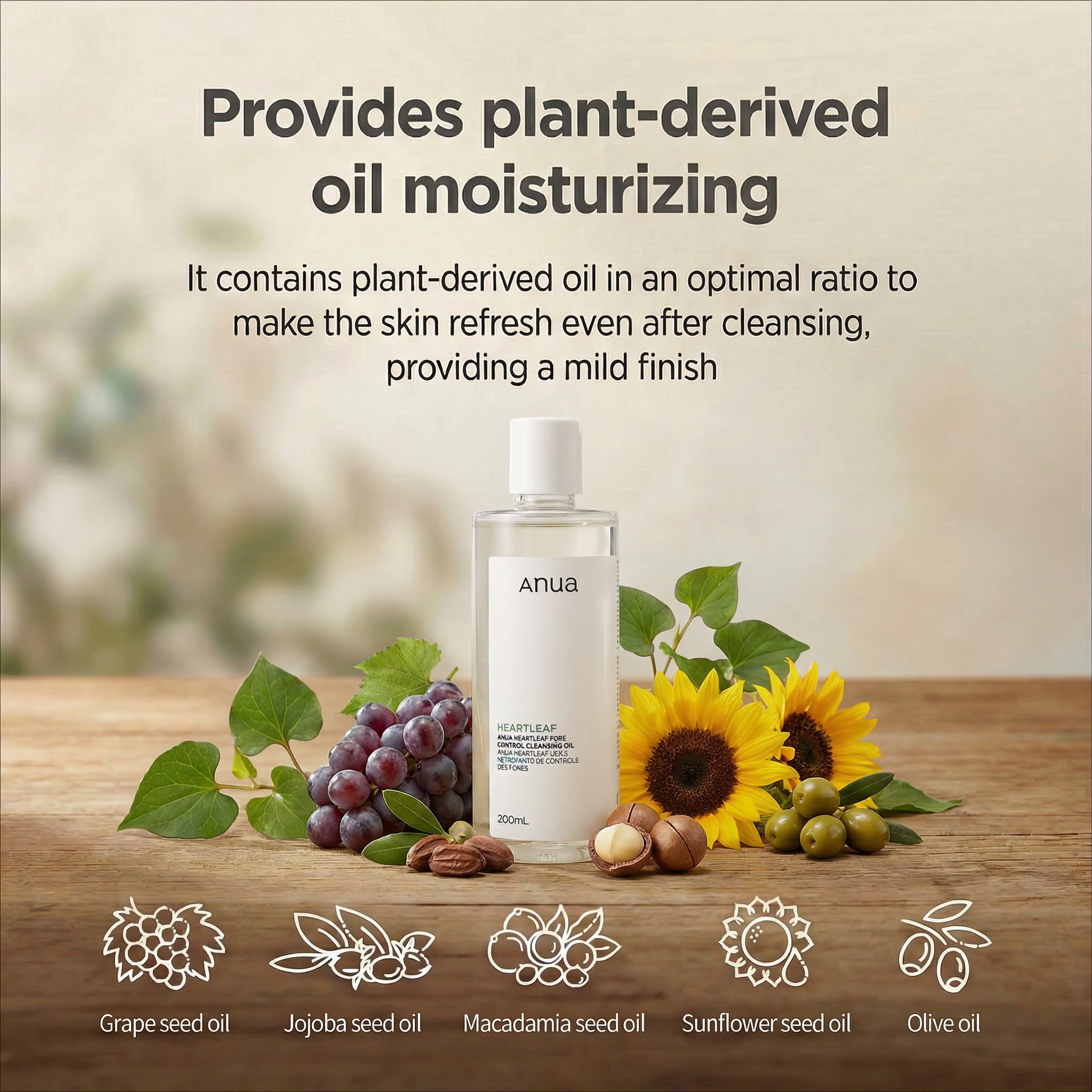 Limpiador facial Anua Heartleaf Pore Cleansing Oil de 200ml rodeado de uvas, semillas de jojoba, macadamia, girasol y aceitunas sobre mesa de madera.
