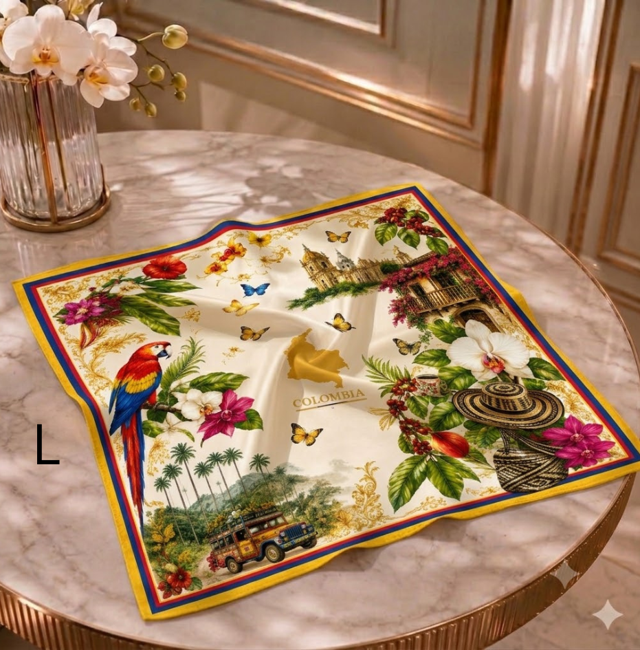 Pañoleta cuadrada de seda crema, de 70x70 cm, con diseño estampado de loro, sombrero vueltiao y arquitectura colombiana.