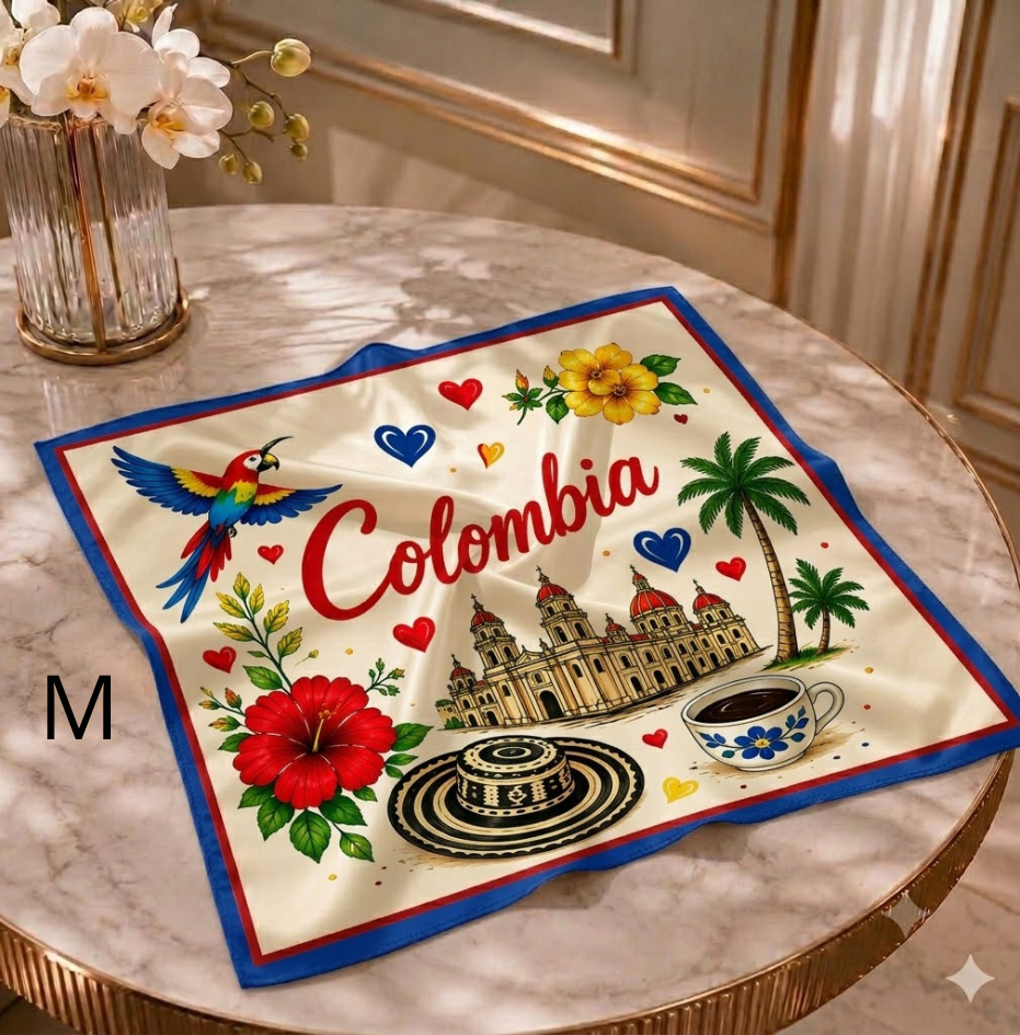 Pañoleta crema con bordes azules y motivos de Colombia: guacamaya, sombrero vueltiao, café y flores. Variante talla M sobre mesa de mármol.