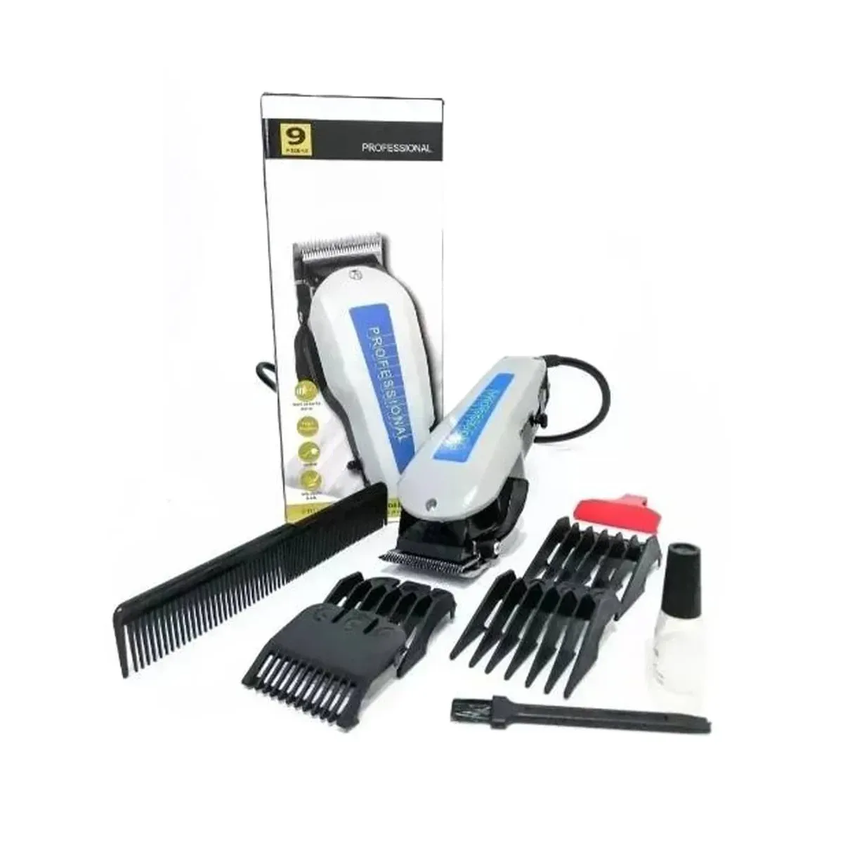 Kit de cortadora de cabello ergonómica blanca y azul con caja, peine, cuatro guías de corte, cepillo y atomizador sobre fondo blanco.