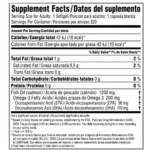 Tabla nutricional del Aceite de Salmón Members Selection con 320 cápsulas, detallando 1200 mg de aceite de pescado, 200 mg de Omega-3, EPA y DHA por dosis.