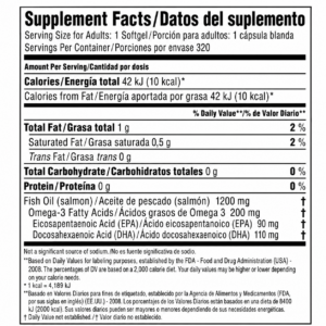 Tabla nutricional del Aceite de Salmón Members Selection con 320 cápsulas, detallando 1200 mg de aceite de pescado, 200 mg de Omega-3, EPA y DHA por dosis.