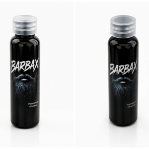 Shampoo serum para barba negro brillante Barbax P con etiqueta de barba gris, dos botellas de presentación y tapa dispensadora transparente en fondo blanco.