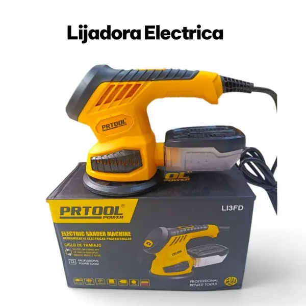 Lijadora eléctrica PRTOOL Power amarilla de mano sobre su caja gris con colector de polvo transparente y cable de alimentación negro.