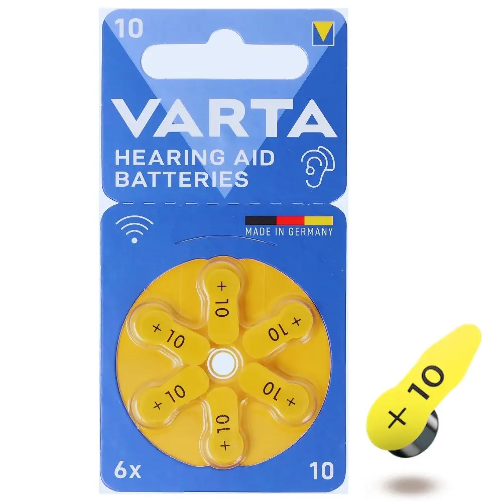 Blíster azul de baterías Varta tamaño 10 con seis pilas de botón con lengüeta amarilla, fabricadas en Alemania, junto a una pila suelta.