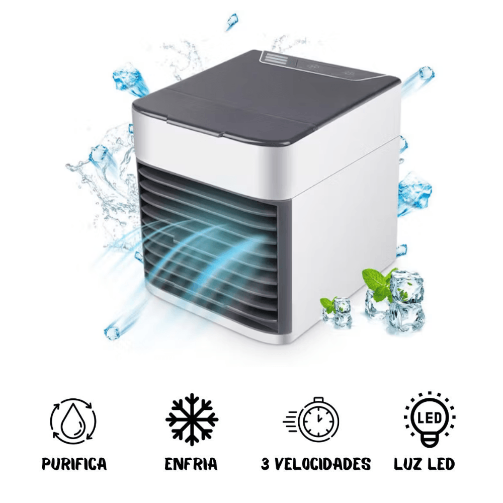 Enfriador de aire personal gris y blanco con rejillas frontales, efecto de brisa fría y cubitos de hielo flotando alrededor.