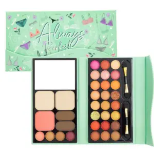 Paleta de maquillaje tipo cartera color verde menta con estampado de lencería, incluye espejo, sombras, rubores, polvos y dos aplicadores de espuma.