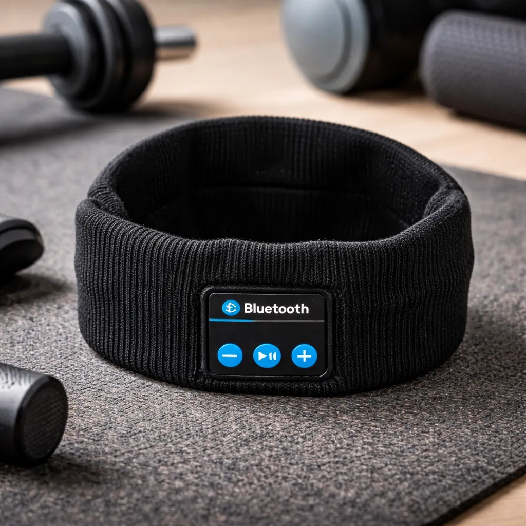 Diadema deportiva inalámbrica negra Bluetooth con módulo de control de música y botones táctiles, sobre colchoneta de gimnasio.