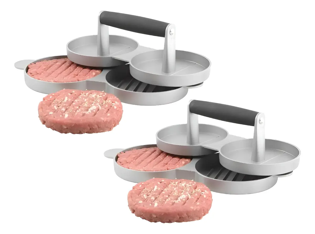 Prensa para hamburguesas doble de aluminio - Prepara dos porciones uniformes rápidamente