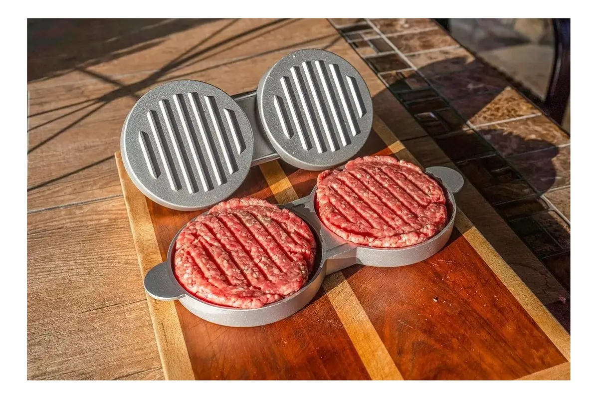 Prensa para hamburguesas doble de aluminio - Prepara dos porciones uniformes rápidamente