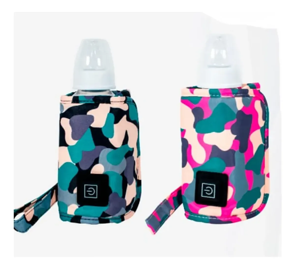 Dos calentadores portátiles para teteros con estuche de camuflaje, uno en tonos oscuros y otro fucsia, con botón de encendido frontal.