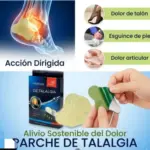 Parche verde de talalgia para aliviar dolor de talón y esguinces. Muestra la caja y parches con forma anatómica siendo despegados para su uso.