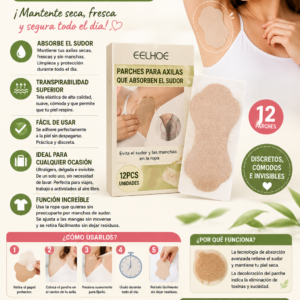 Caja con doce parches autoadhesivos color beige para axilas con diseño contorneado y transpirable que absorben el sudor y evitan manchas en la ropa