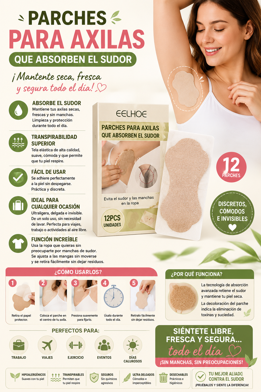 Caja con doce parches autoadhesivos color beige para axilas con diseño contorneado y transpirable que absorben el sudor y evitan manchas en la ropa