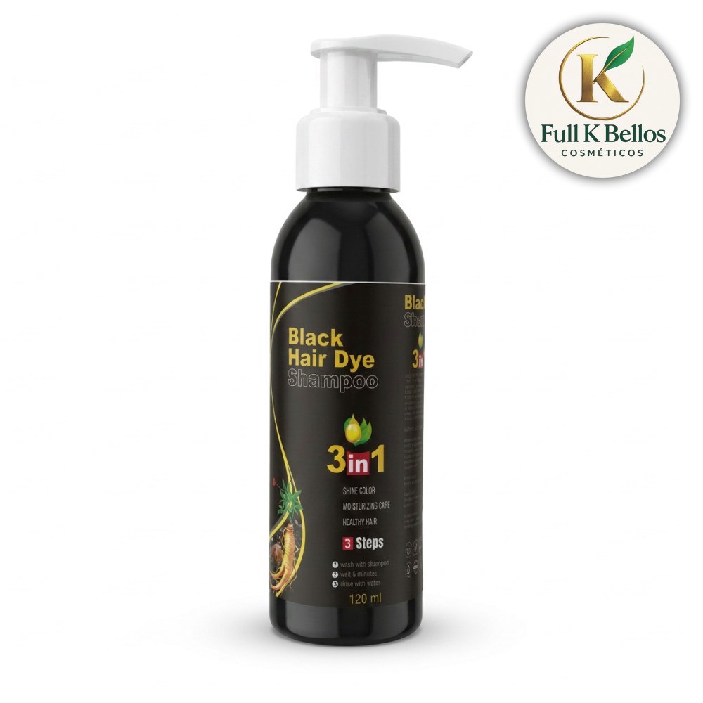 Botella dispensadora negra de champú tinte 3 en 1 para cabello negro de 120 ml, con etiqueta dorada y logotipo superior de Full K Bellos.