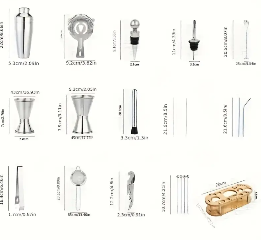 Kit coctelero de 23 piezas en acero inoxidable con base de bambú - Prepara cócteles profesionales en casa con elegancia