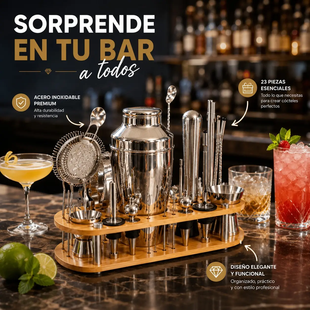Kit coctelero de 23 piezas en acero inoxidable con base de bambú - Prepara cócteles profesionales en casa con elegancia