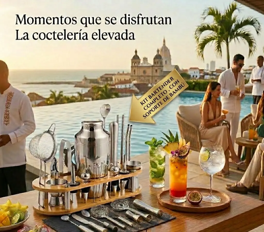Kit coctelero de 23 piezas en acero inoxidable con base de bambú - Prepara cócteles profesionales en casa con elegancia