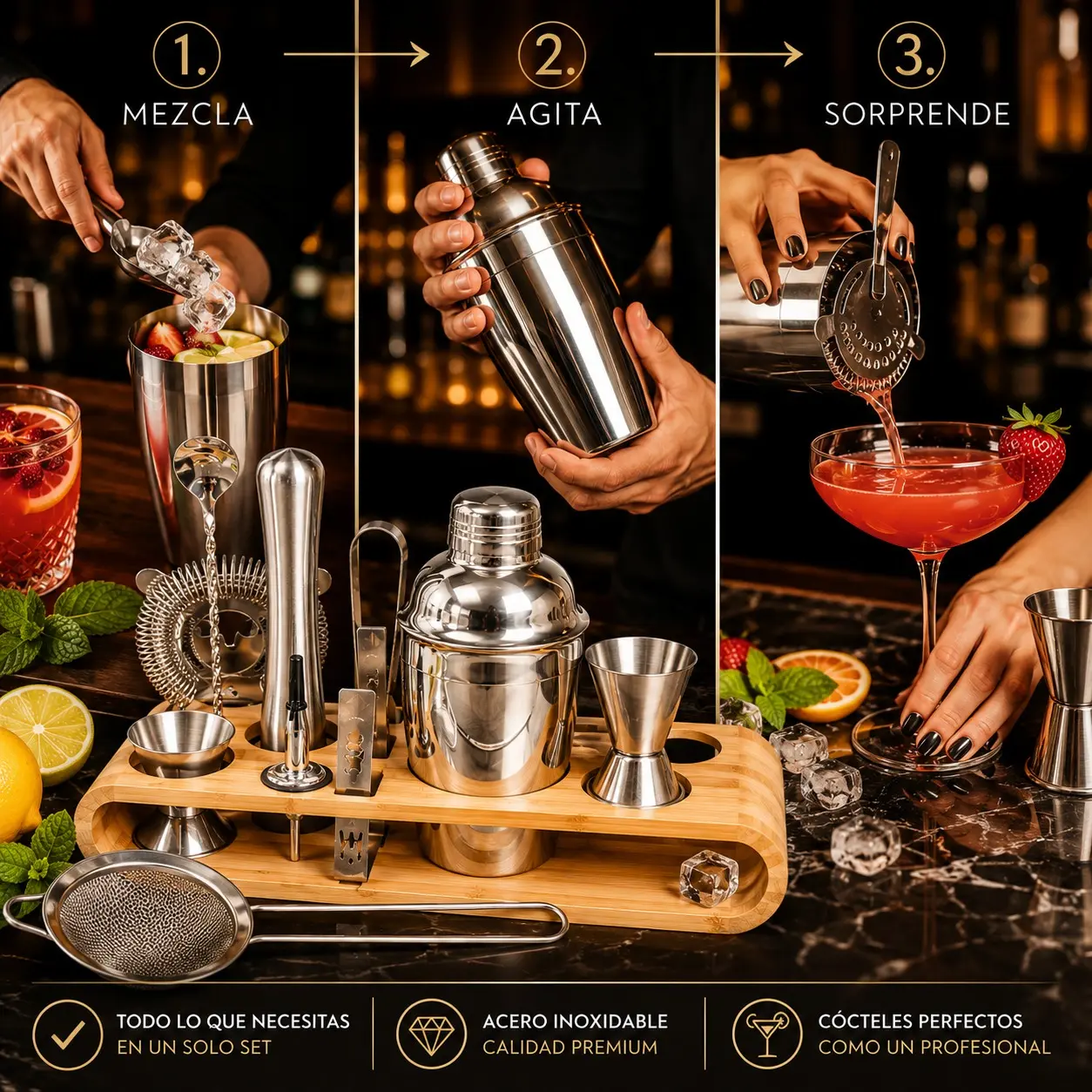 Kit coctelero de 23 piezas en acero inoxidable con base de bambú - Prepara cócteles profesionales en casa con elegancia