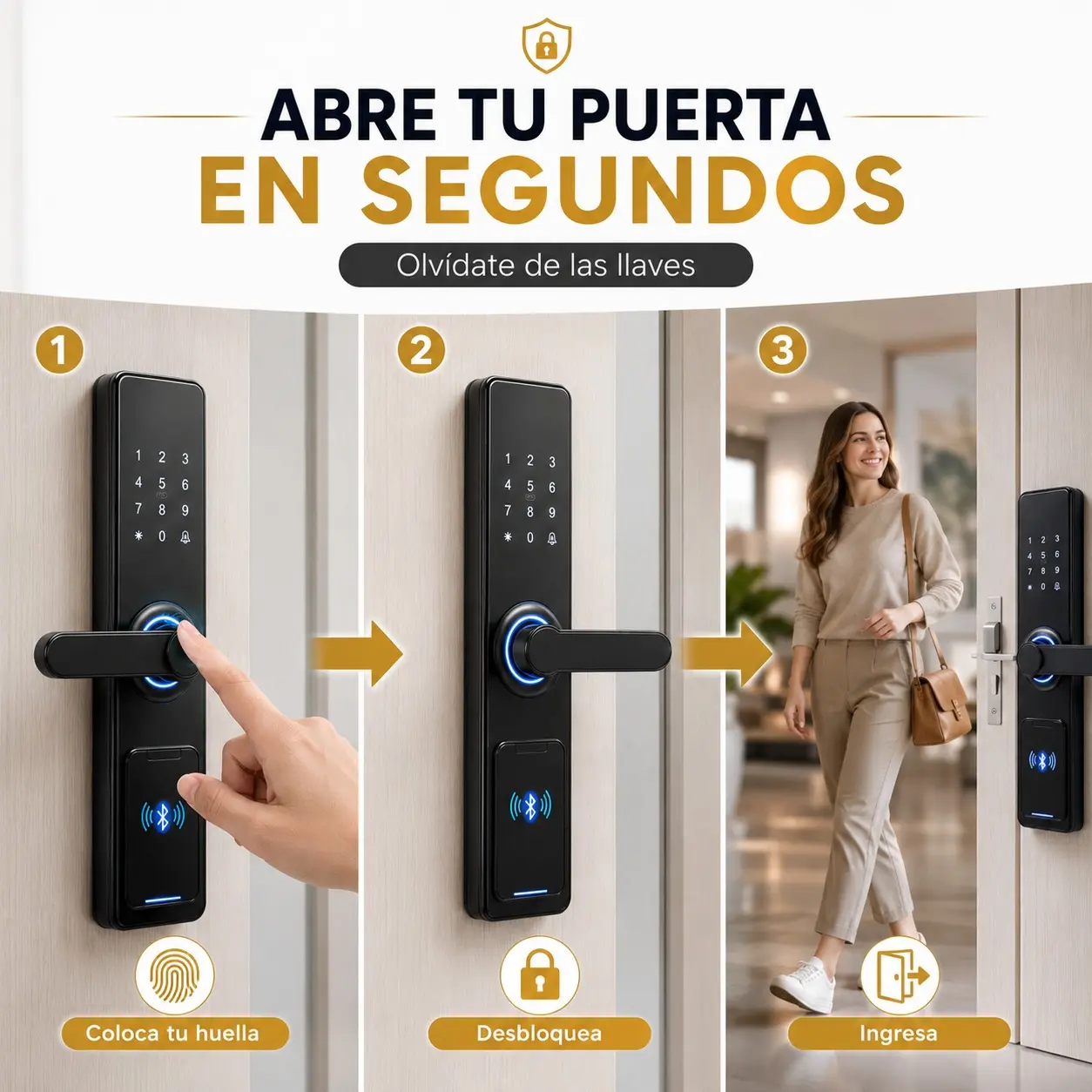Cerradura inteligente negra para puerta con lector de huella digital, teclado numérico y sistema Bluetooth para acceso sin llaves