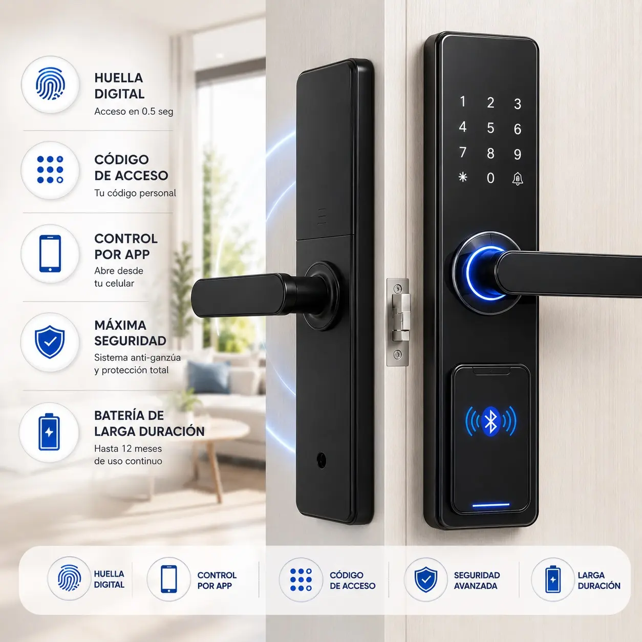 Cerradura inteligente biométrica color negro con panel táctil, lector de huella, Bluetooth y manija ergonómica instalada en puerta de madera.