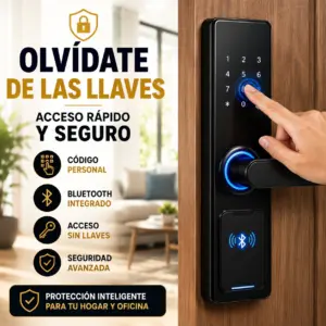 Cerradura inteligente negra instalada en puerta de madera con teclado táctil iluminado, lector de huella, manija y módulo Bluetooth inferiores.
