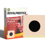 Caja rectangular Royal Prestige de parche transdérmico para la próstata junto a una unidad cuadrada beige con círculo central negro de 2.75x3.9 pulgadas.