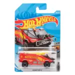 Camión de bomberos Hot Wheels Runway Res-Q rojo con detalles amarillos y escalera, en empaque de blíster con del vehículo.