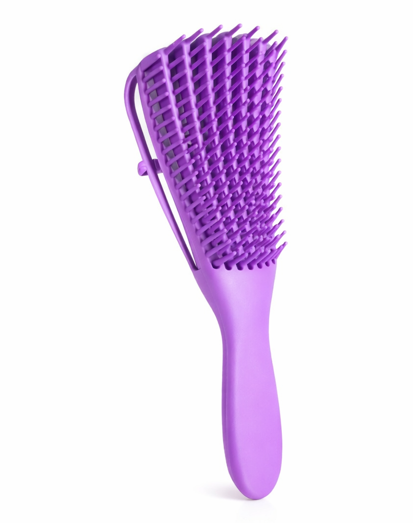 Cepillo desenredante morado de cerdas flexibles con soporte trasero ajustable, diseño curvo para definir rizos y alaciar sin tirones.
