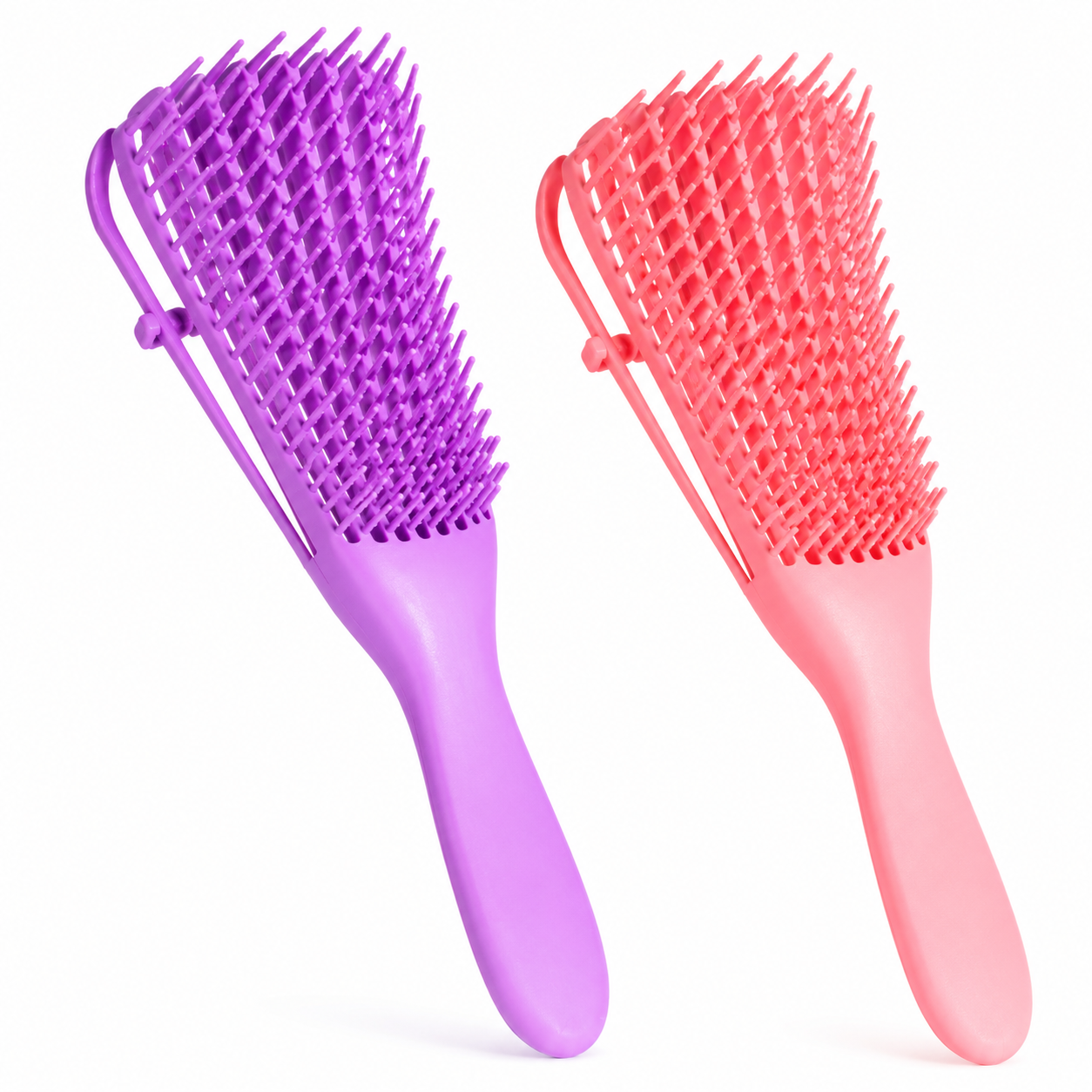Dos cepillos flexibles desenredantes de cerdas separadas con soporte ajustable, uno en color morado y otro en coral brillante.