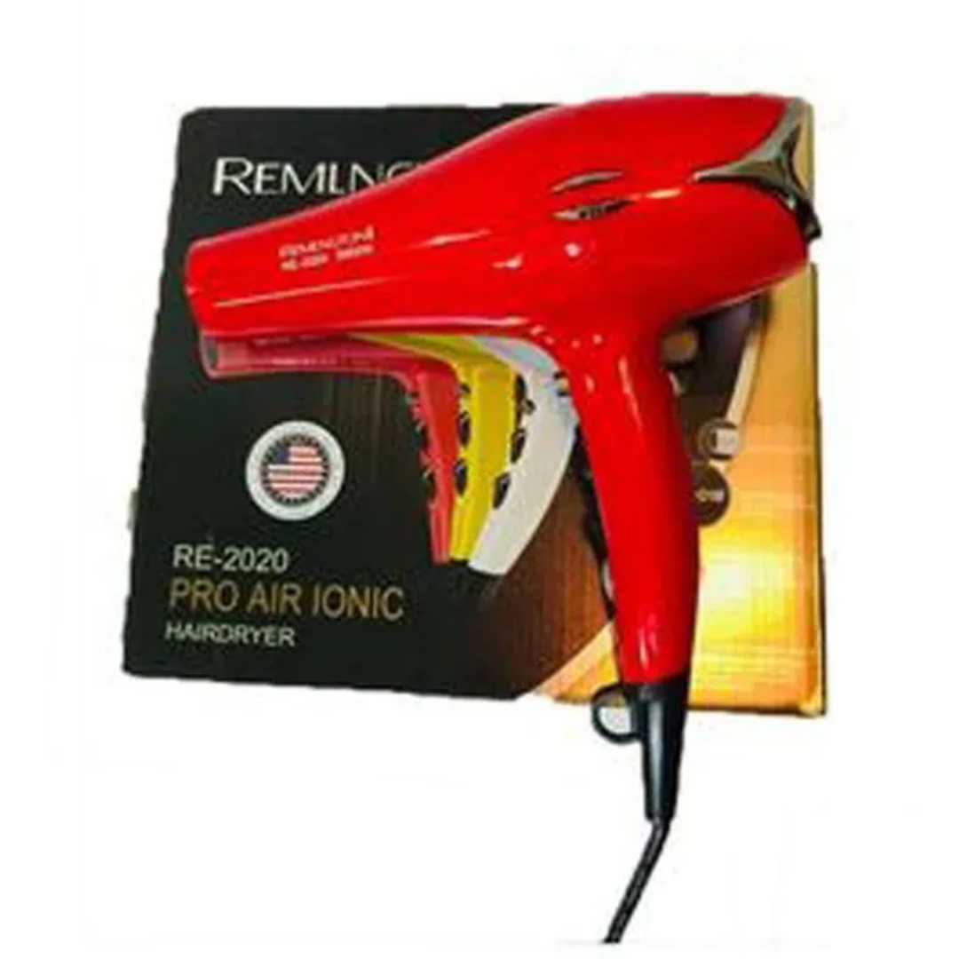 Secador de cabello profesional rojo brillante Remington RE-2020 Pro Air Ionic con su caja negra de empaque.