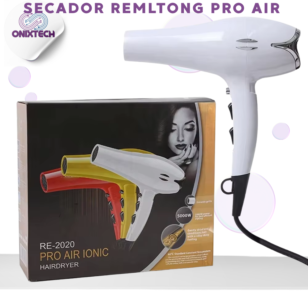 Secador de cabello profesional blanco de 5000W junto a su caja marrón que muestra modelos en rojo, amarillo y blanco.