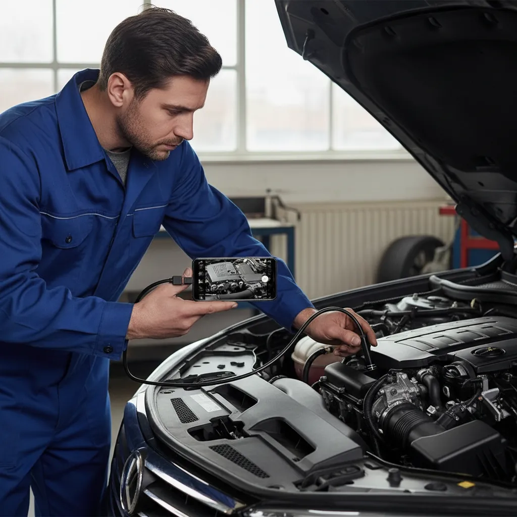 Mecánico usa cámara endoscópica conectada a un smartphone para inspeccionar componentes internos del motor de un vehículo.