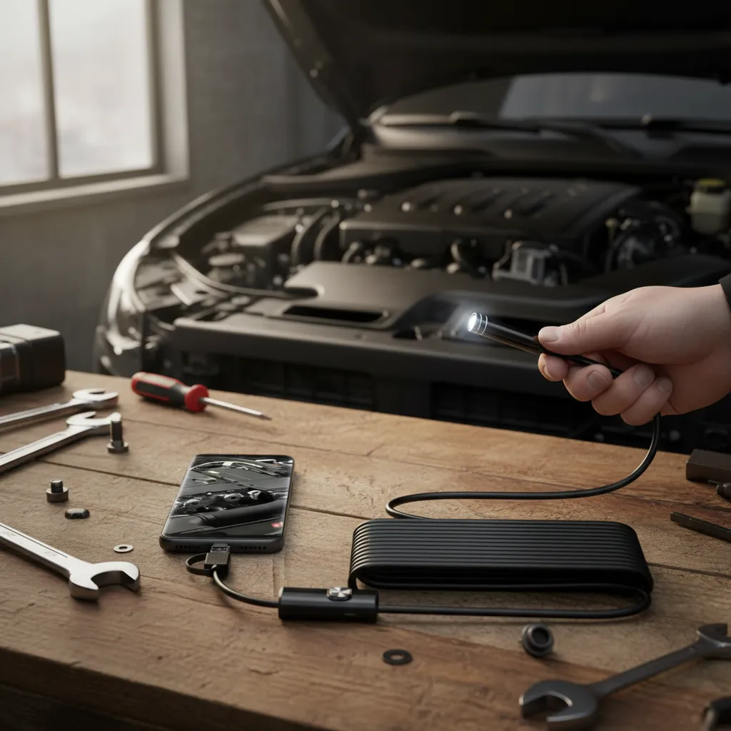 Mano usando cámara endoscópica para inspeccionar motor de auto; celular muestra video en vivo sobre mesa de madera con herramientas y batería.