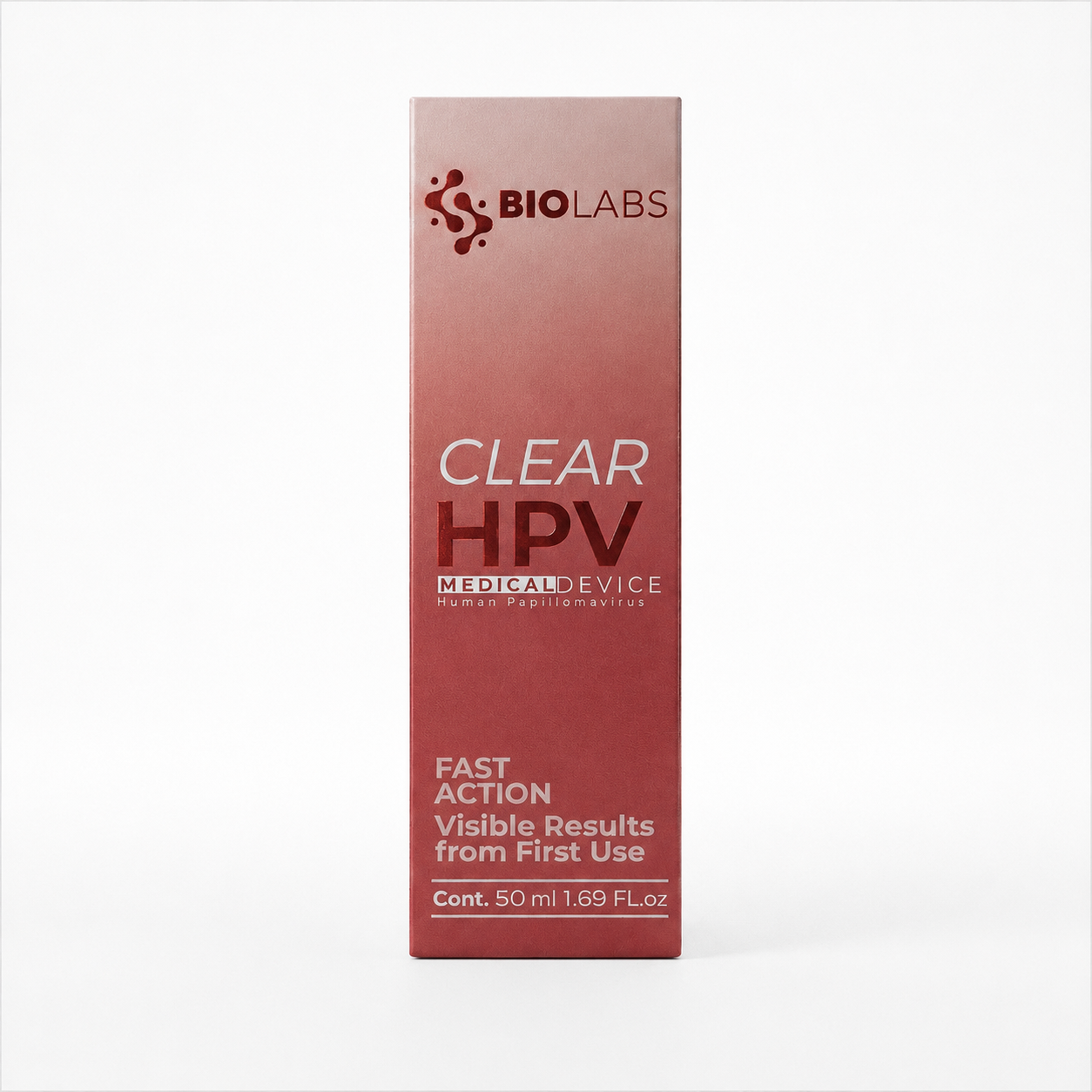 Caja rectangular de cartón en tonos rojo y blanco con acabado mate, marca Biolabs, texto Clear Hpv de 50 ml y diseño frontal vertical.