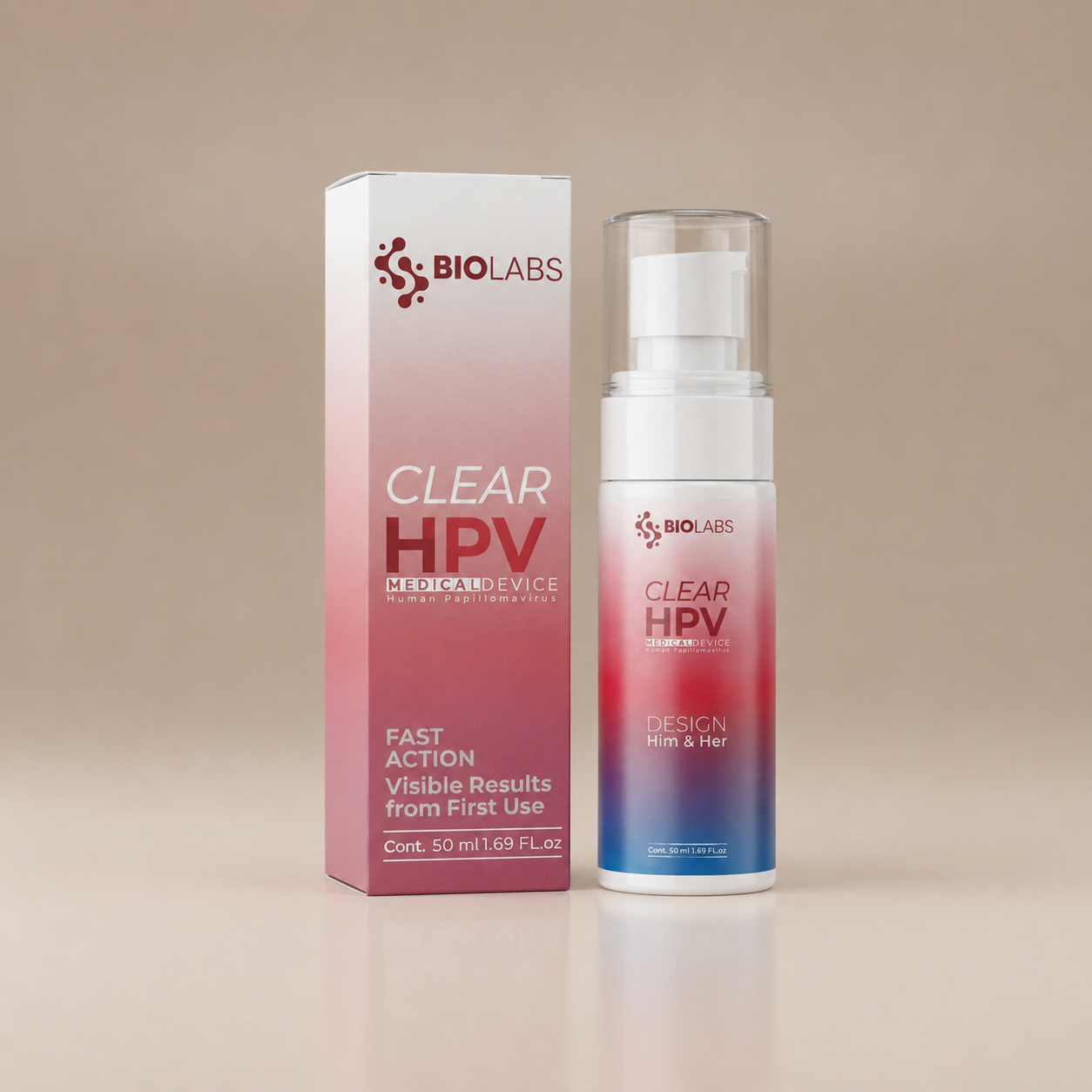 Emulsión íntima de 50 ml en envase dosificador con caja, diseño rojo y azul para him y her.