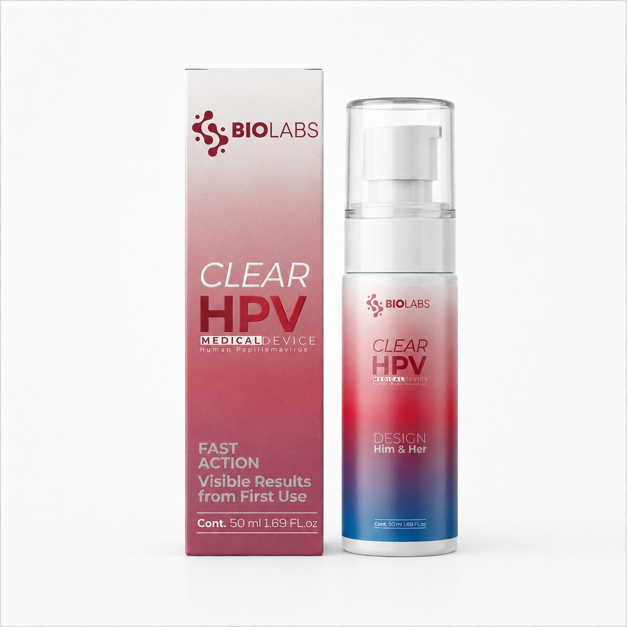Envase cilíndrico dosificador de 50 ml en color rojo y azul, junto a su caja de cartón con el logotipo de Biolabs y texto descriptivo.