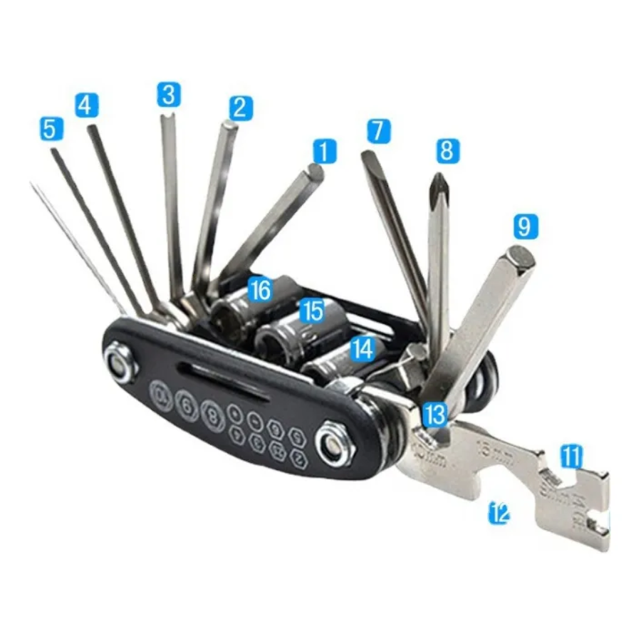 Herramienta multifunción 16 en 1 negra y plateada para bicicleta con llaves hexagonales, destornilladores y copas desplegadas.