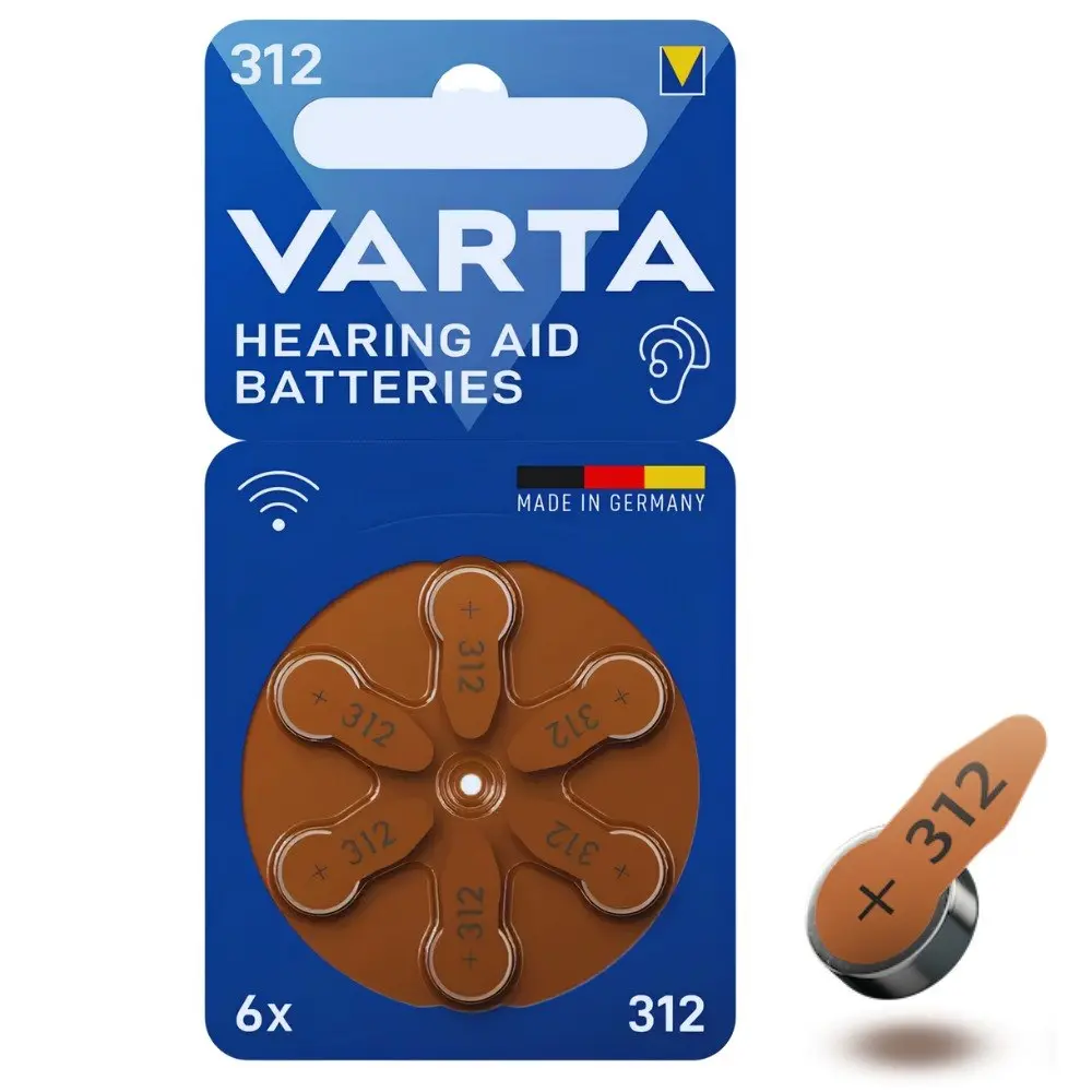 Blíster azul de 6 pilas para audífonos Varta tamaño 312 con etiqueta marrón y una pila individual al lado.