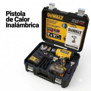 Maletín negro DeWalt abierto con pistola de calor inalámbrica amarilla, batería, cargador, accesorios metálicos y manual en el interior.