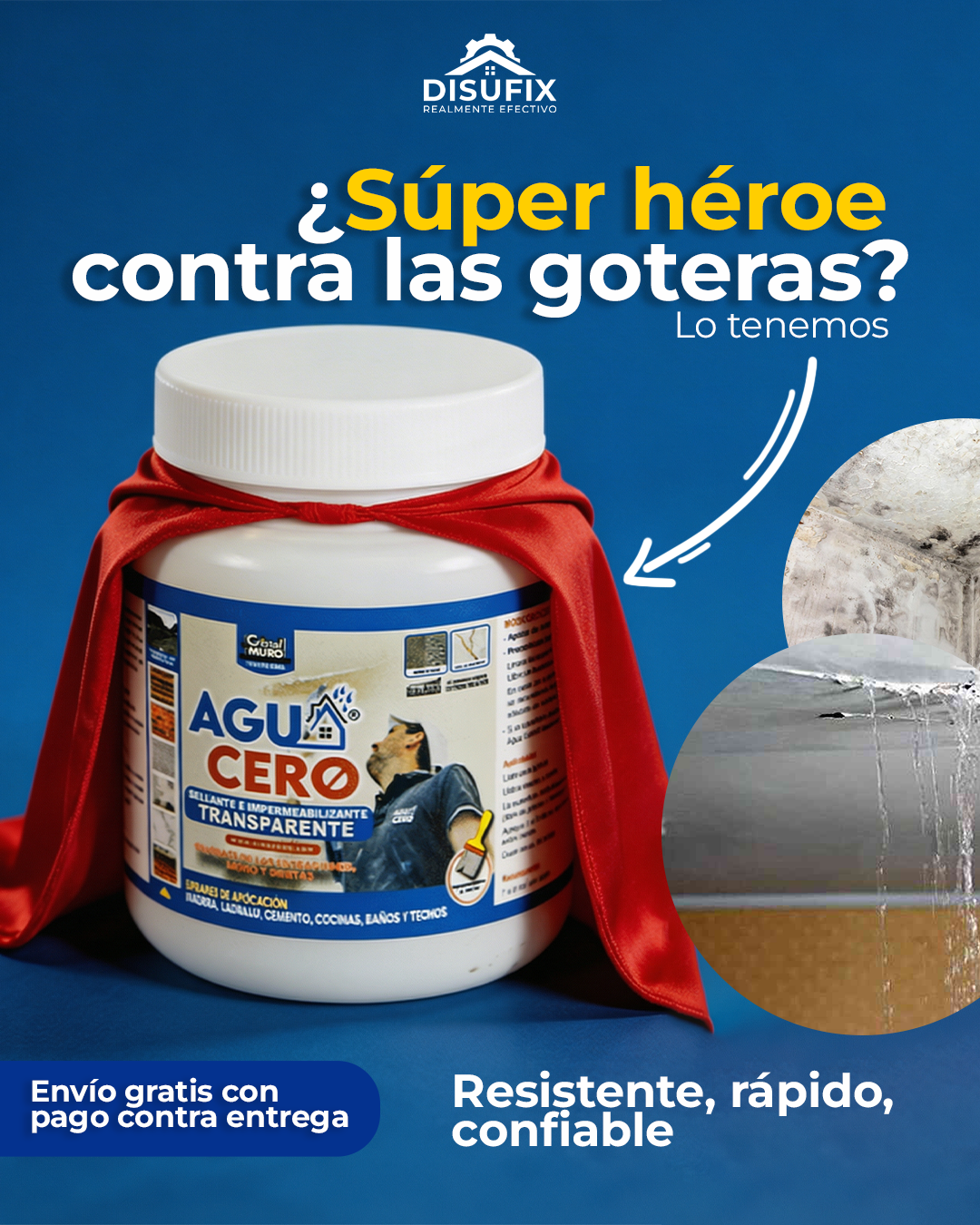 Frasco blanco de impermeabilizante transparente Agu Cero con capa roja simulando superhéroe, sobre fondo azul, promocionando protección contra goteras.