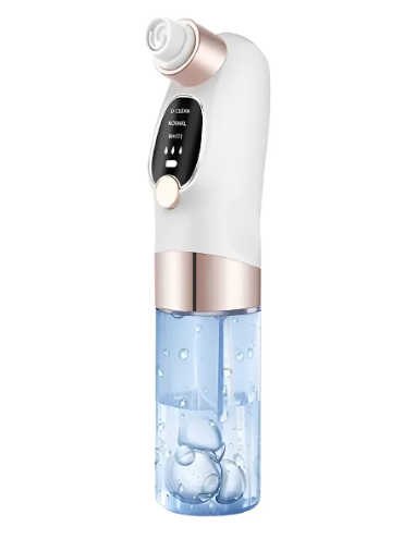 Extractor de puntos negros con agua, diseño ergonómico blanco y detalles en tono oro rosa, tanque de agua transparente con tubo interno y panel digital.