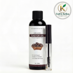Aceite de ricino orgánico Viva Naturals de 250 ml en frasco oscuro con aplicador de rímel transparente para cejas y pestañas.